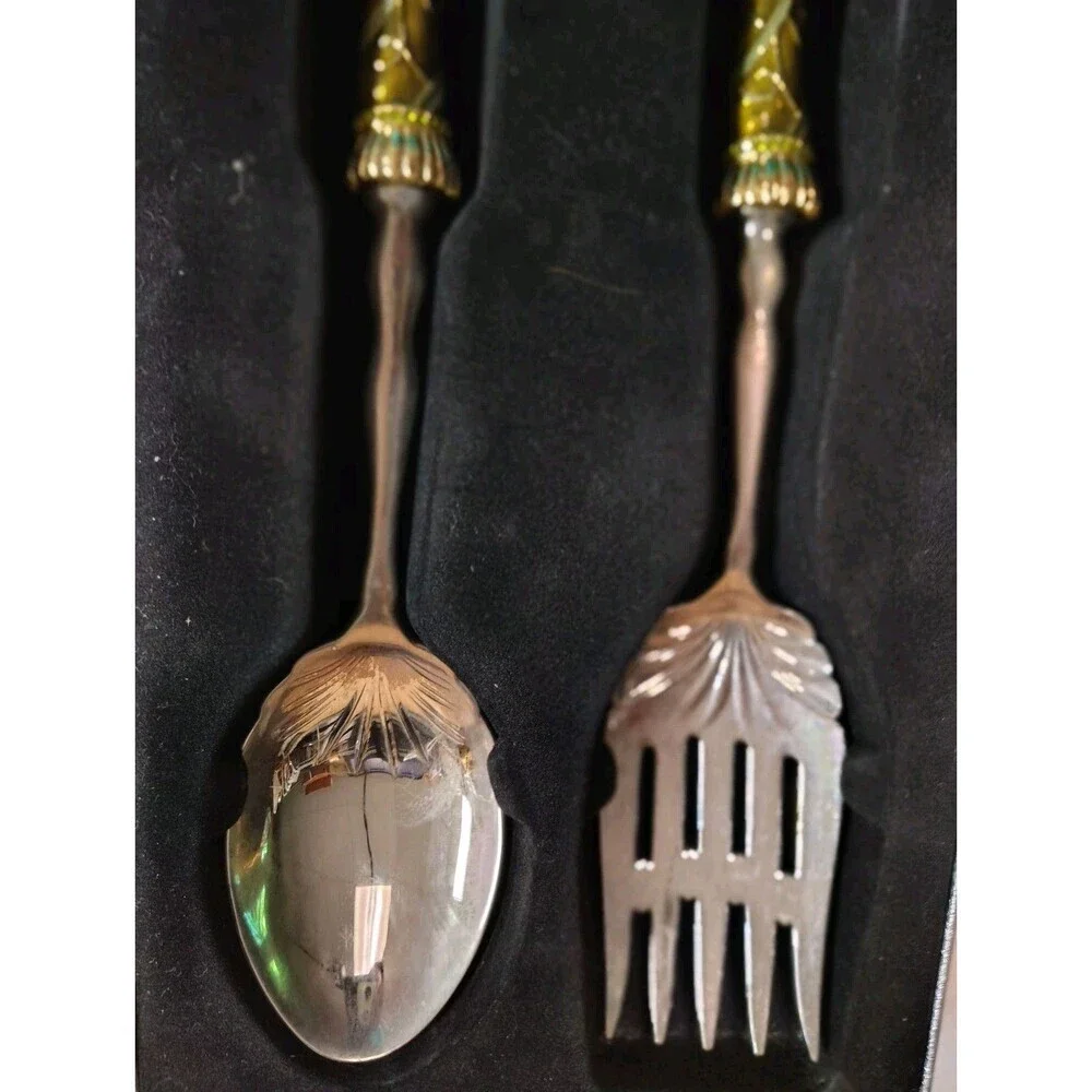 Sainish Ornate Floral Serving Set - Large Fork & Spoon - Jeweled Enamel Handles
